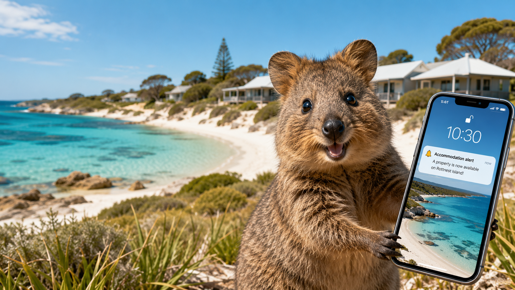 Smiling quokka holding a phone with a Rottnest Island accommodation alert, overlooking turquoise water, a sandy beach and coastal cottages.