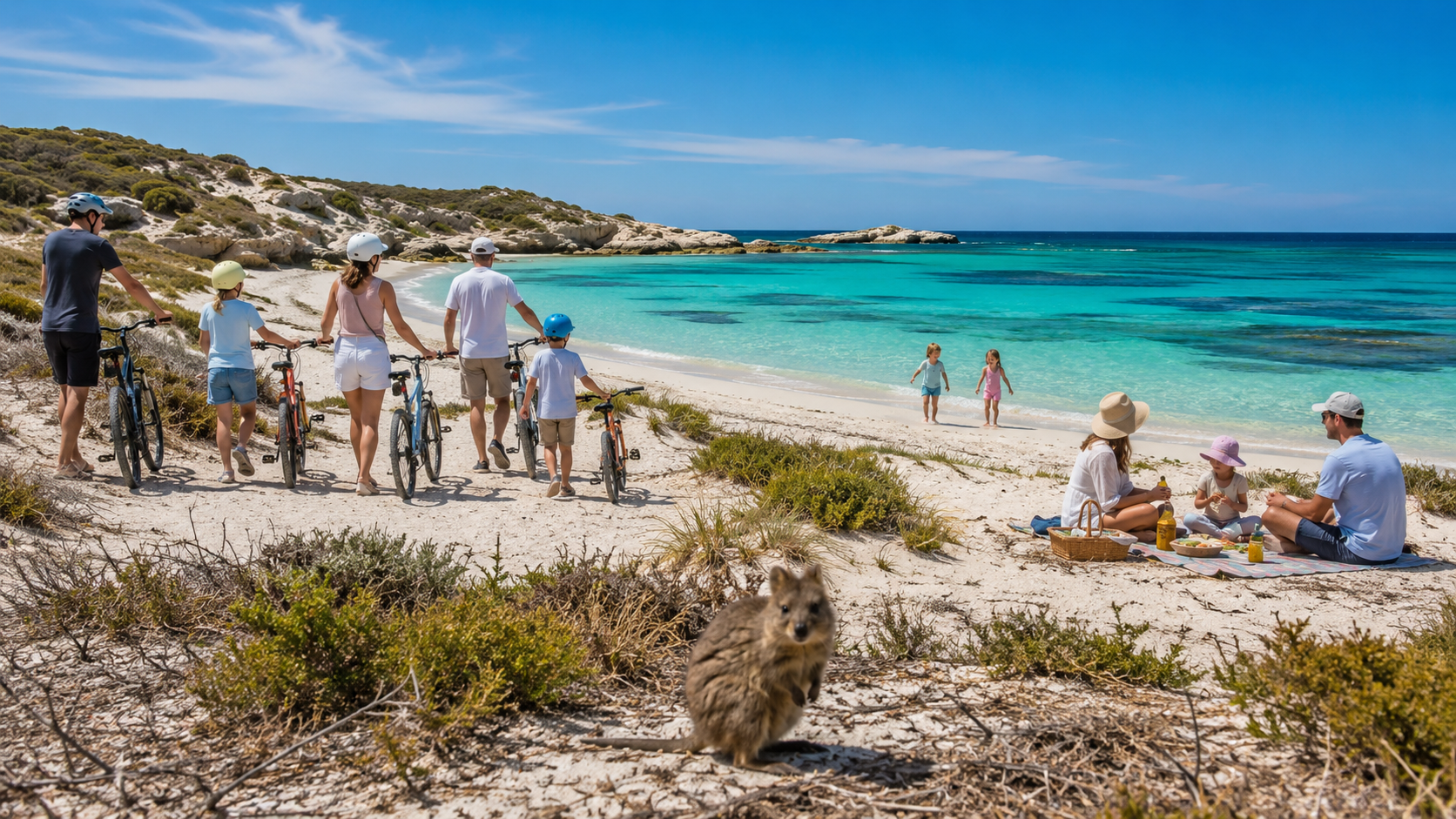Two families enjoying a sunny day on Rottnest Island, with bicycles, a beach picnic, turquoise water and a quokka in the foreground.
