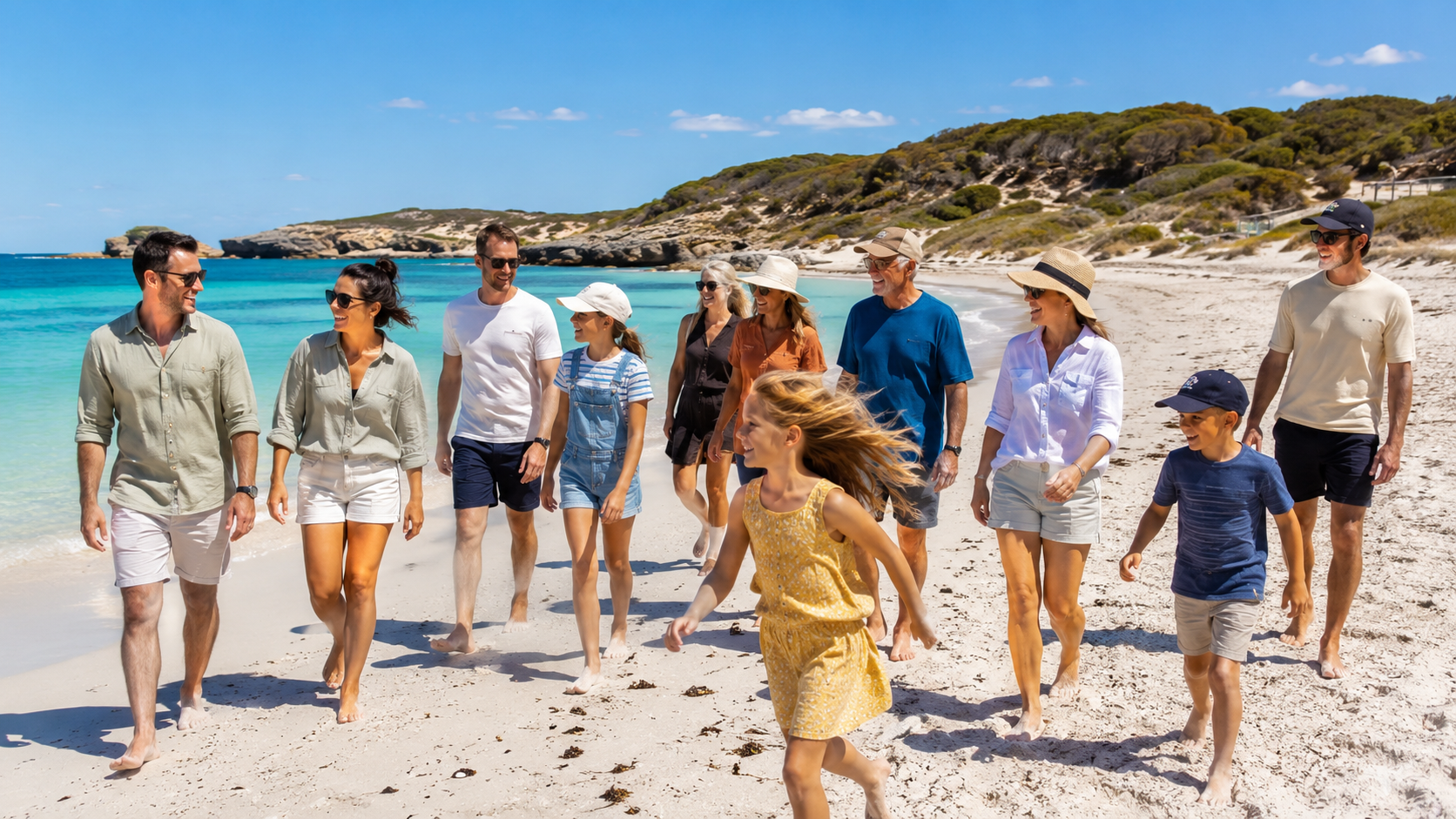 Large group of adults and children walking together along a sunny Rottnest Island beach, with turquoise water, white sand and coastal dunes in the background.