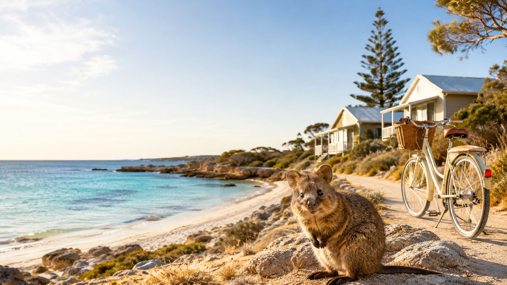 Quokka beside a bicycle near beachfront holiday cottages on Rottnest Island, Western Australia.