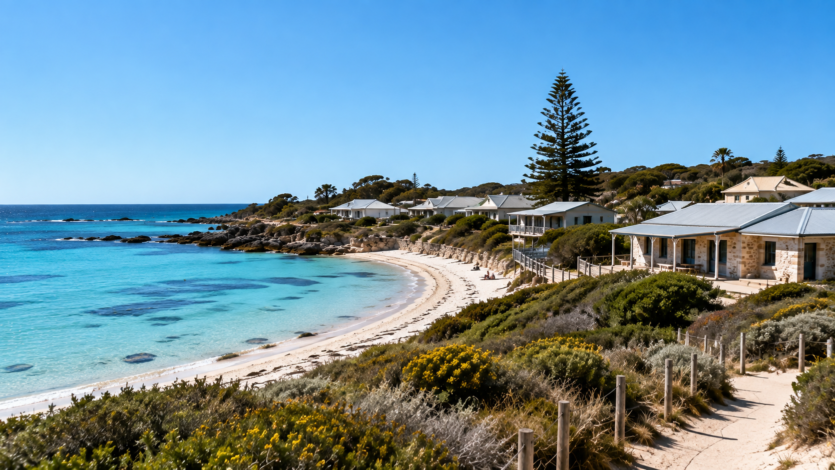 Thomson Bay accommodation overlooking turquoise water and a sandy beach on Rottnest Island, Western Australia.