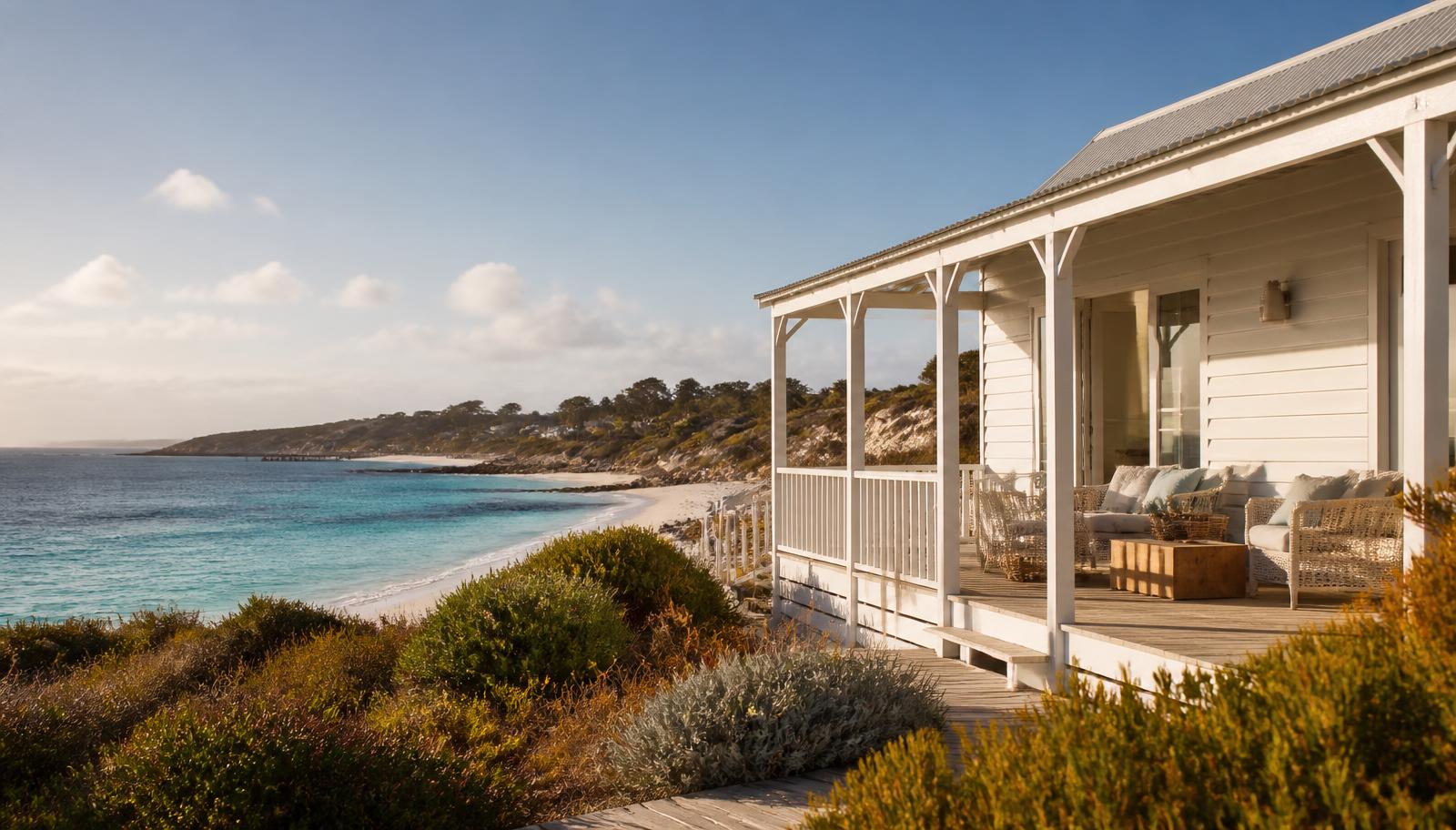 Whitewashed Rottnest Island beachside villa with veranda overlooking a turquoise bay